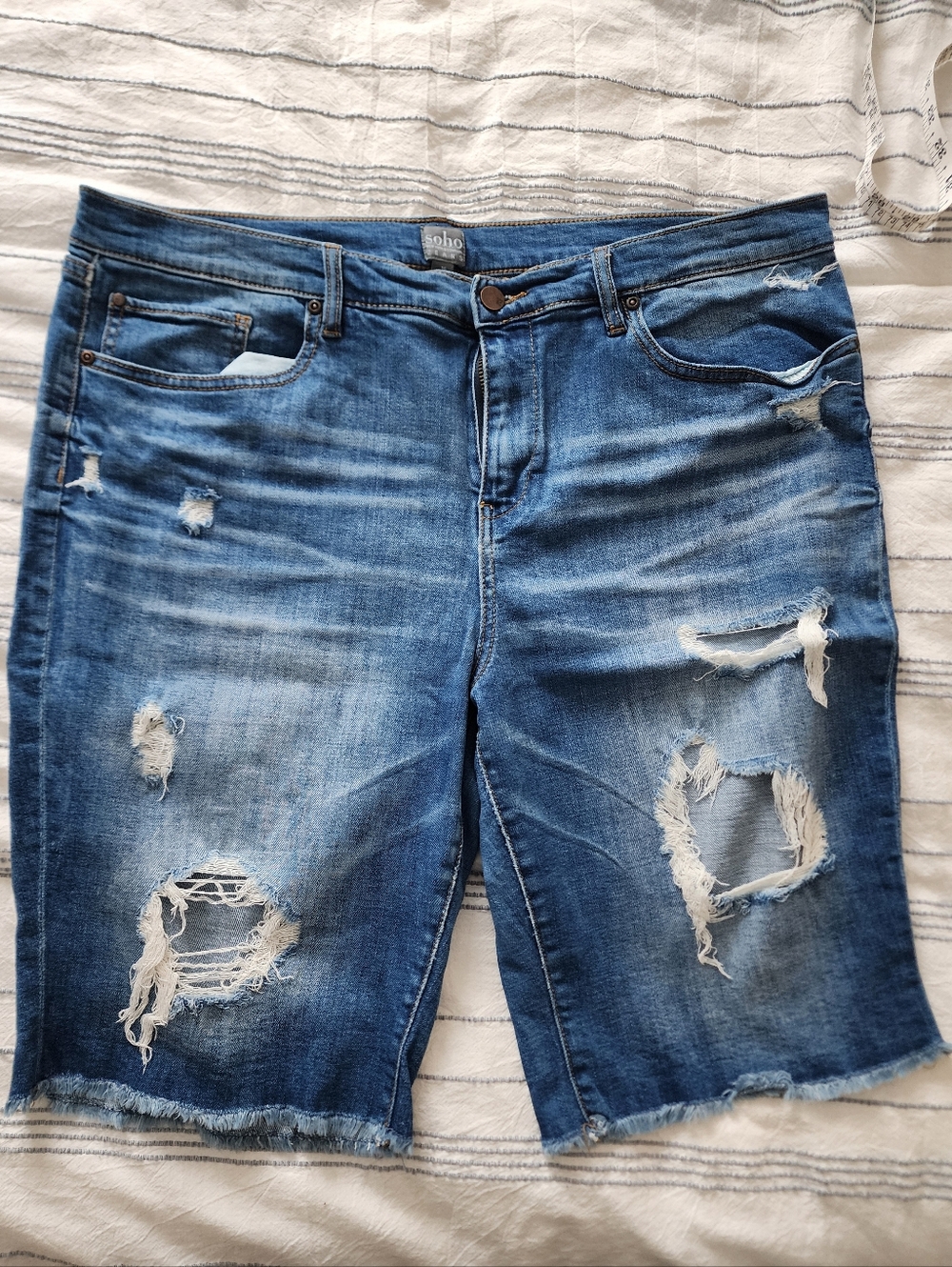 Soho Distressed Denim Bermuda Shorts - Medium Blue. Size 16.
